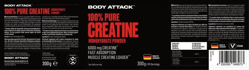 Body Attack 100% Pure Creatine Monohydrate Powder (300G Dose)