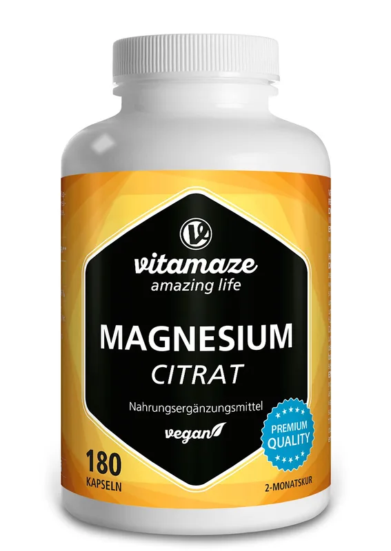 Magnesium Citrat 360 mg elementar hochdosiert, vegan – für Muskeln & Knochen – 180 Kapseln, 2 Monate