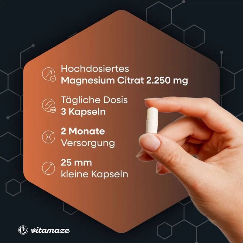 Magnesium Citrat 360 mg elementar hochdosiert, vegan – für Muskeln & Knochen – 180 Kapseln, 2 Monate