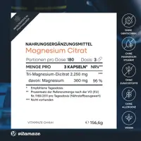 Magnesium Citrat 360 mg elementar hochdosiert, vegan – für Muskeln & Knochen – 180 Kapseln, 2 Monate